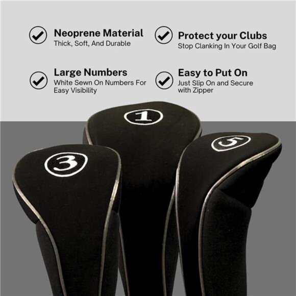 Black Golf Zipper HeadCovers Driver 1 3 5 Fairway WoodsHeadcovers Metal Neoprene - Picture 5 of 8